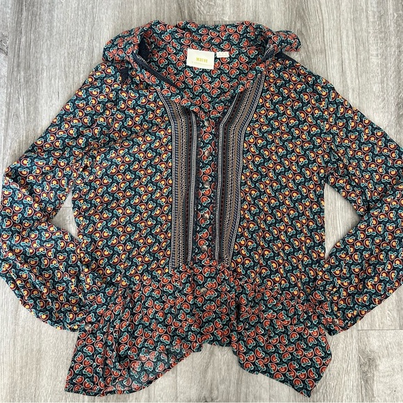 Maeve by Anthropologie Janice Peasant Blouse Floral Layered Boho Spring Size 2 - Picture 2 of 10